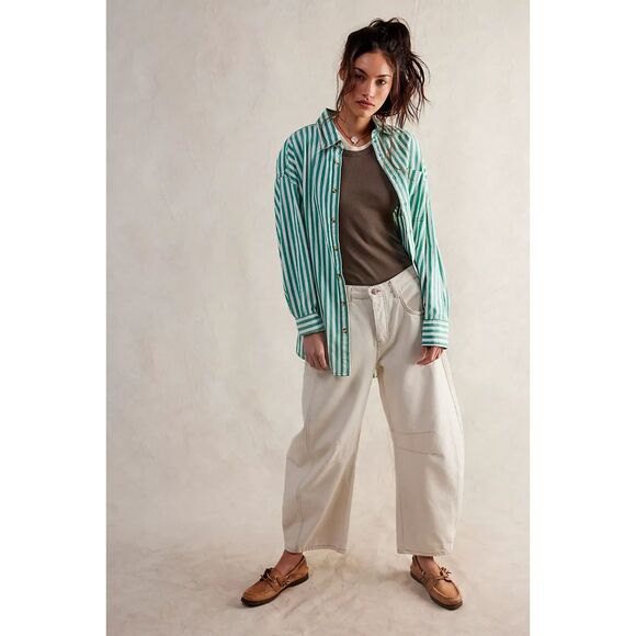 Free People We the Free Freddie Striped Shirt French Green Combo XL NEW - Picture 7 of 8